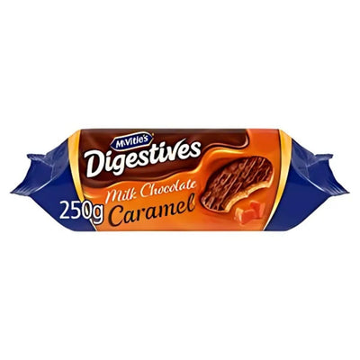 A 250g package of McVitie's Digestives Milk Chocolate Caramel Biscuits, featuring striking blue and orange packaging with tempting images of cookies and caramel.