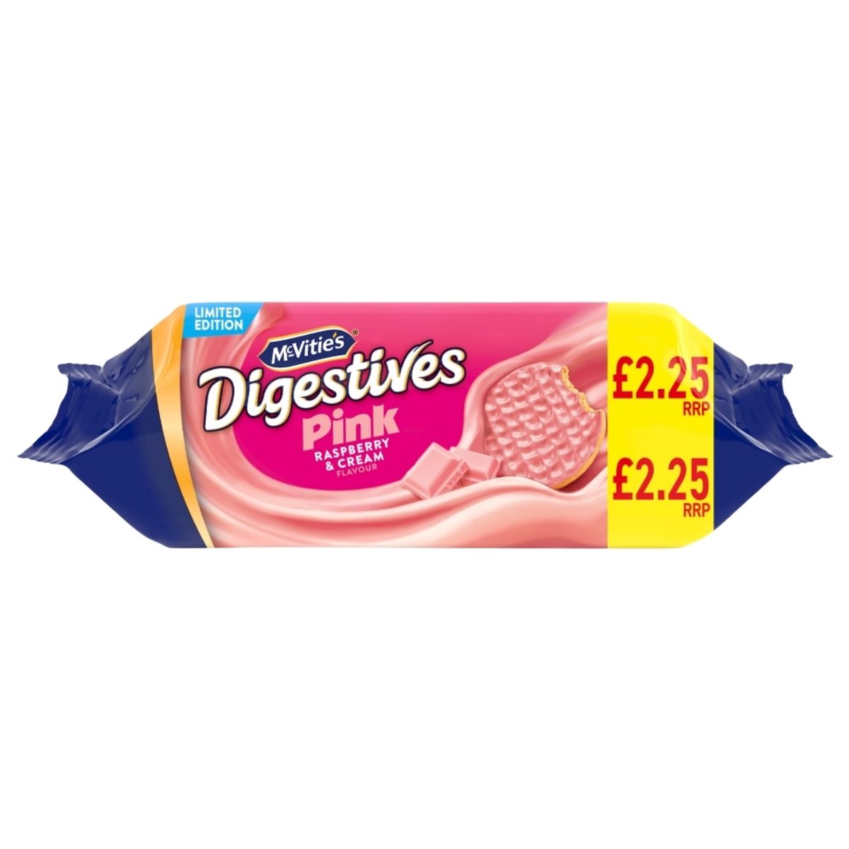 A 232g pack of McVities Digestives Pink Raspberry & Cream Flavour Biscuits is available, featuring tasty wheatmeal biscuits, with a £2.25 RRP.