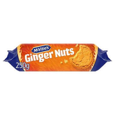 The packaging of McVities Ginger Nuts Biscuits displays a crunchy biscuit with a bite out and is labeled as a 250g pack.