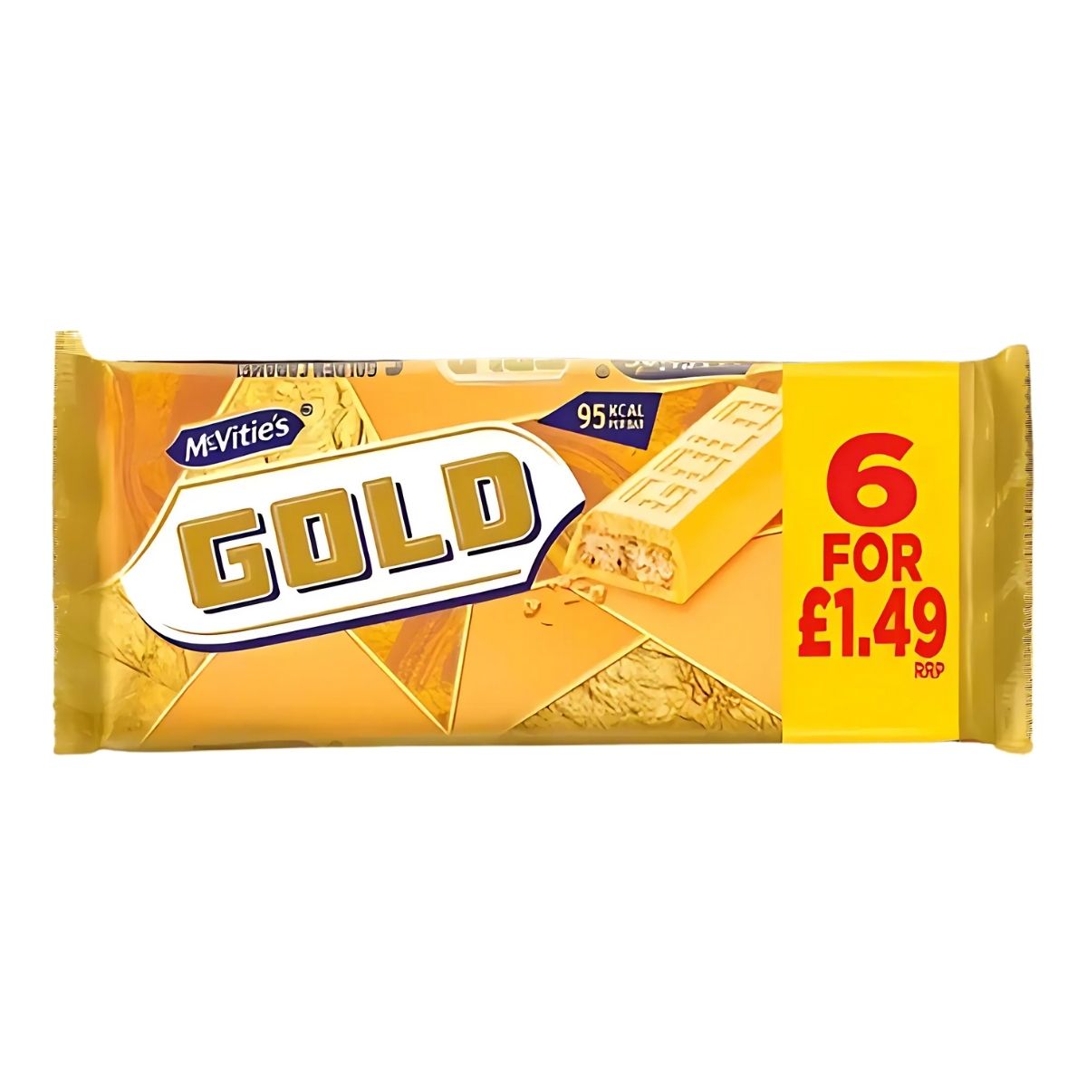 A 106g multipack of McVities Gold Caramel Flavour Biscuit Bars features a yellow label with "6 for £1.49 RRP" and "95 kcal per bar" on the wrapper.