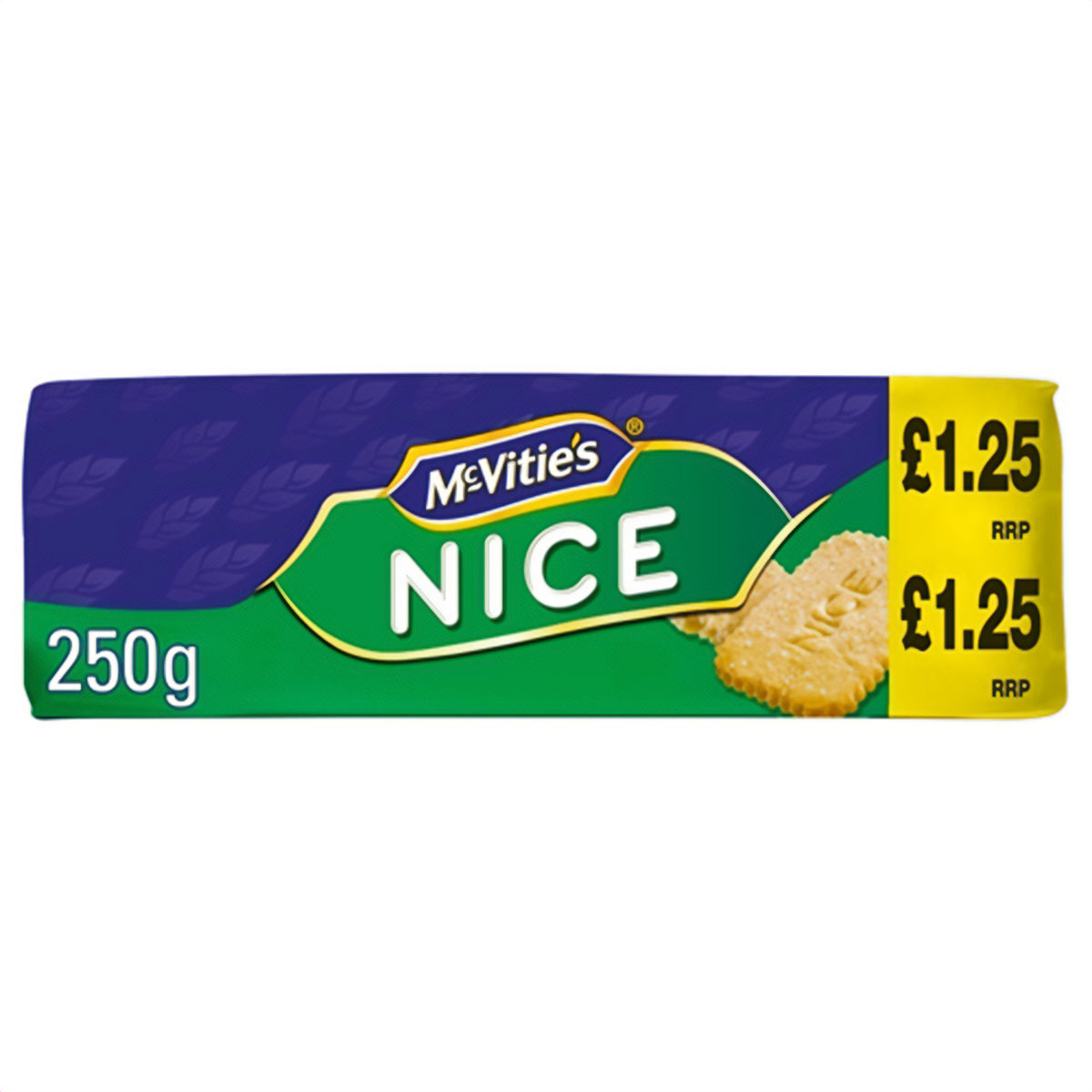 A package of McVities - Nice - 250g biscuits on a white background.