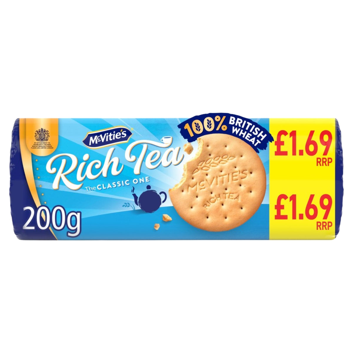 A 200g package of McVities Rich Tea Classic One British wheat crackers, featuring a blue and yellow wrapper with a graphic of a round cracker and a blue teapot.