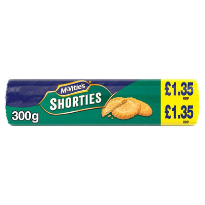 A 300g pack of McVities Shorties, ideal for a classic British treat or afternoon tea, features an RRP of £1.35 on the packaging.