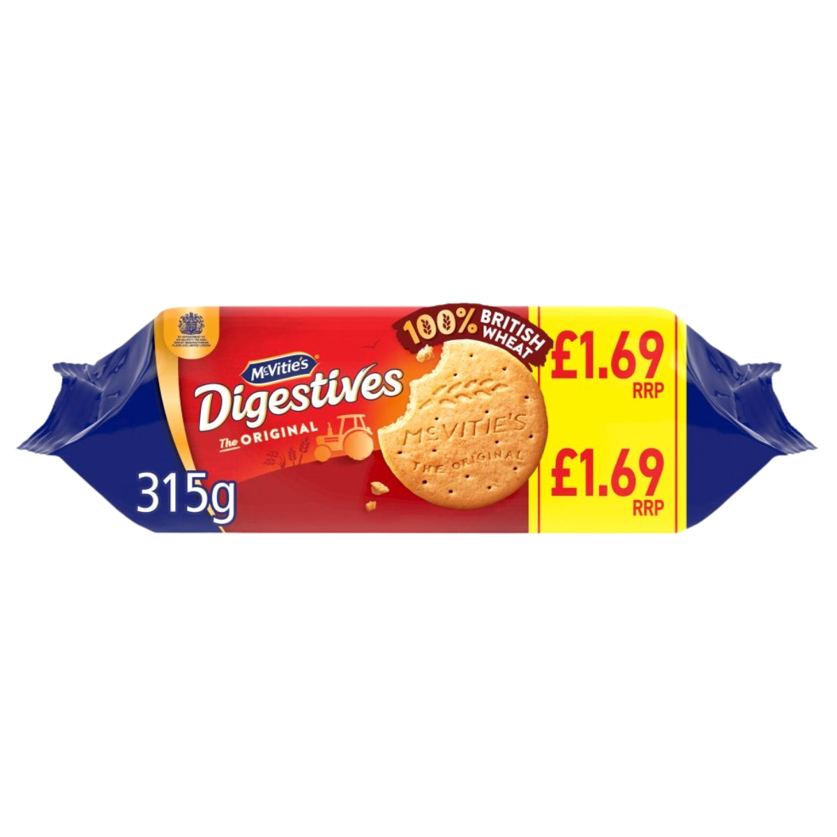 A 315g pack of McVities - The Original Digestives Biscuits, featuring red and blue packaging with a £1.69 RRP highlighted on a yellow label. Made with wholemeal wheat flour and sustainable palm oil for a deliciously wholesome taste.