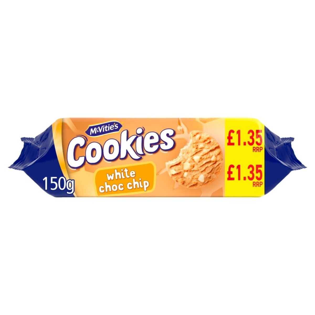 A 150g pack of McVitie's White Chocolate Chip Cookies featuring an image of the cookies and a yellow £1.35 RRP price label on the packaging.