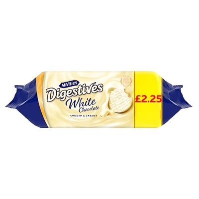 A 232g pack of McVitie's White Chocolate Digestive Biscuits with a £2.25 price label on the right side.