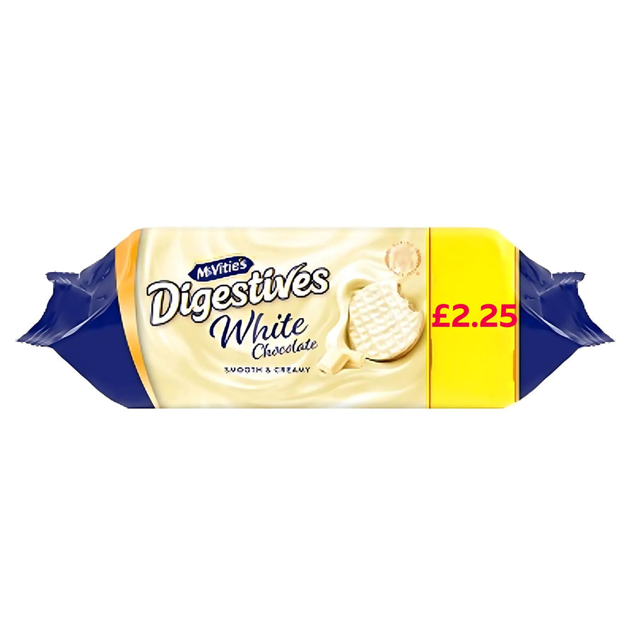 A 232g pack of McVitie's White Chocolate Digestive Biscuits with a £2.25 price label on the right side.