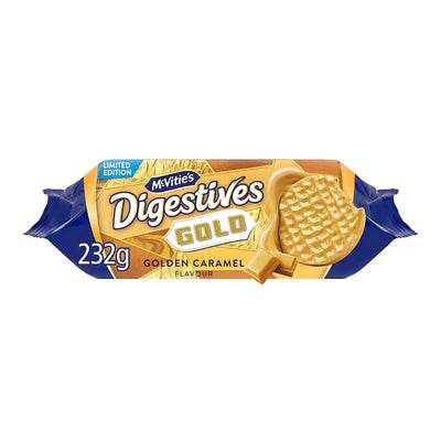 A 232g pack of McVities Digestives Golden Caramel Flavour, featuring biscuits in eye-catching blue and gold packaging with tempting caramel and biscuit images.