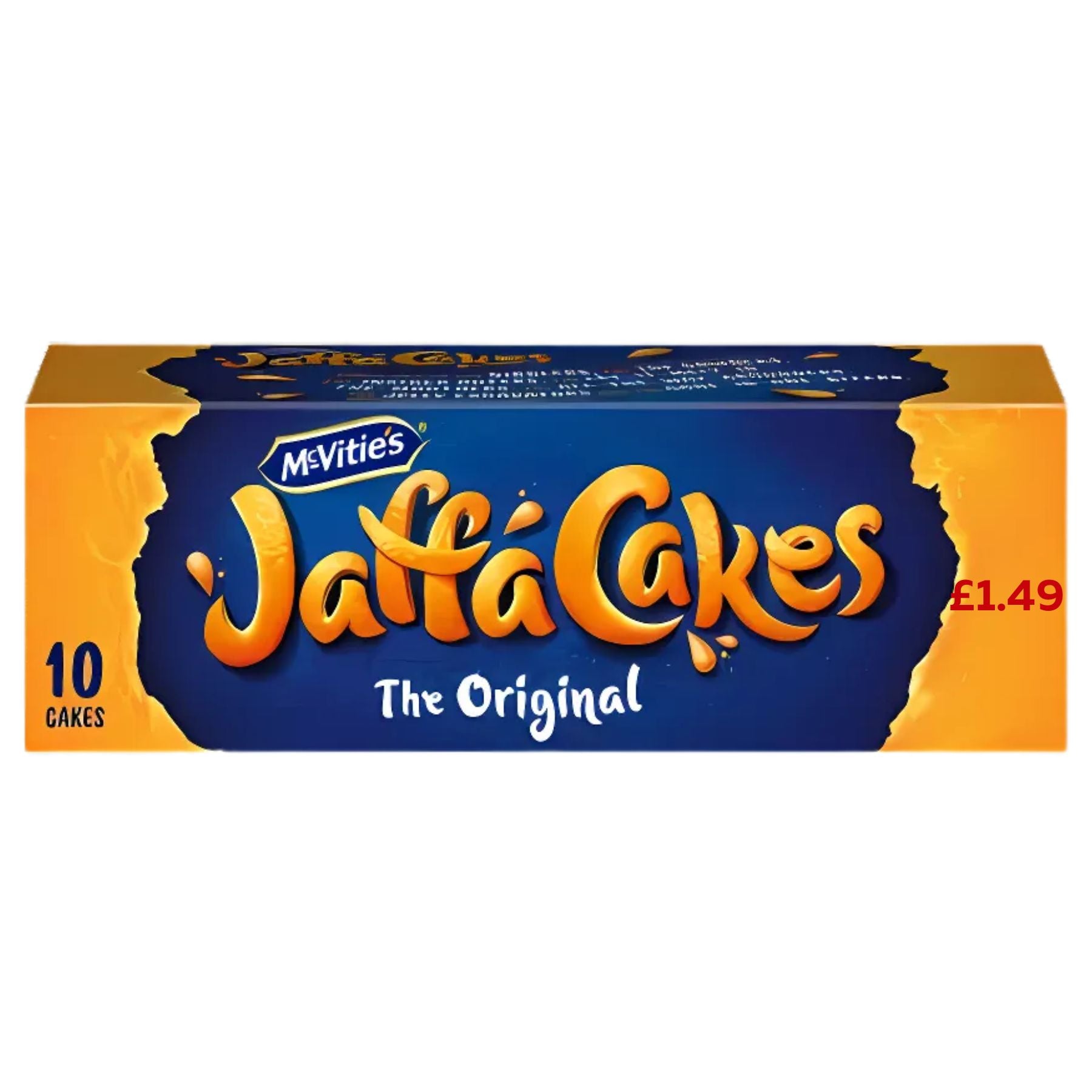 A 100g box of McVities Jaffa Cakes, labeled "The Original," contains 10 chocolate orange cakes and costs £1.49.