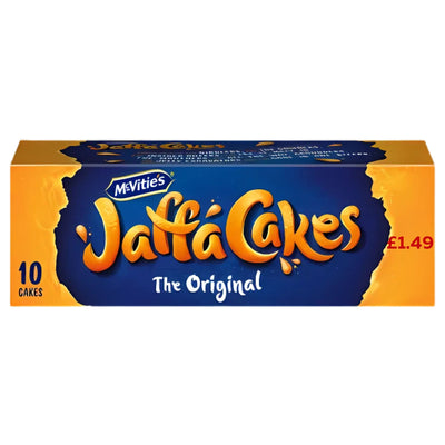 A 100g box of McVities Jaffa Cakes, labeled "The Original," contains 10 chocolate orange cakes and costs £1.49.