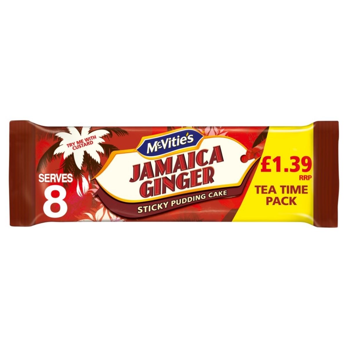 The McVitie's Jamaican Ginger Sticky Pudding Cake, in vibrant red packaging with palm tree graphics, offers a tropical taste. Perfect for 8 servings and priced at £1.39, it promises a delightful dessert experience.