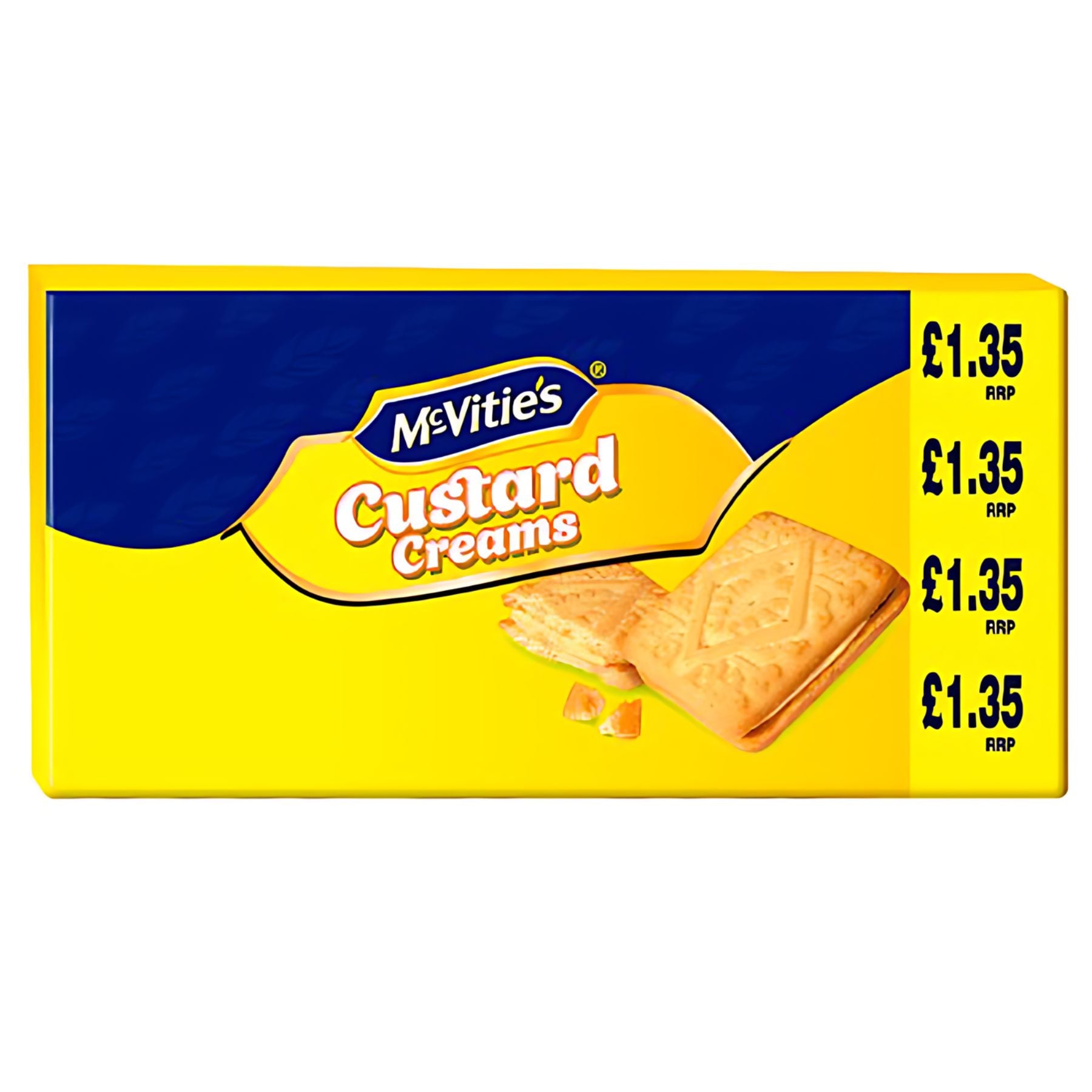 A 300g pack of McVitie’s Custard Creams in yellow and blue packaging with biscuit images and a £1.35 RRP—an ideal classic tea break snack.