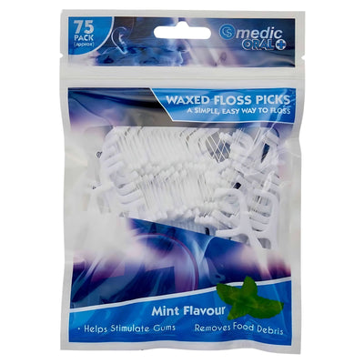 The medic oral Mint Flavour Waxed Floss Picks 75 Pack comes in a resealable bag and helps stimulate gums, remove plaque, and effectively clear food debris for better oral hygiene.