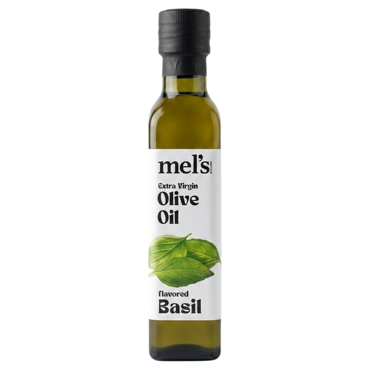 A 250ml bottle of Mel's kitchen Basil Flavoured Extra Virgin Olive Oil, featuring basil leaves on the label.