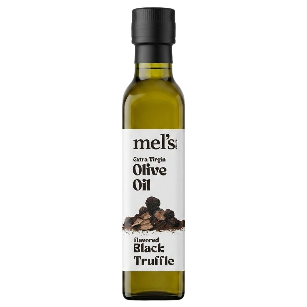 A 250ml bottle of Mel's kitchen Black Truffle Flavoured Extra Virgin Olive Oil, with a white label featuring an image of black truffles.