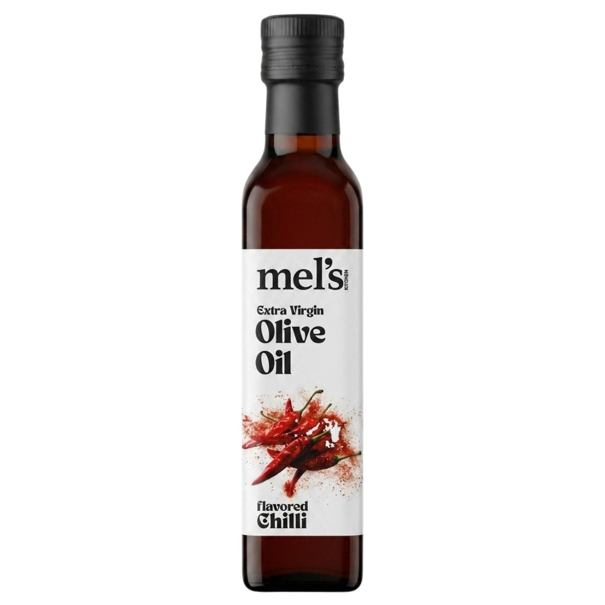 Bottle of mel's Extra Virgin Olive Oil flavored with Chilli on a white background