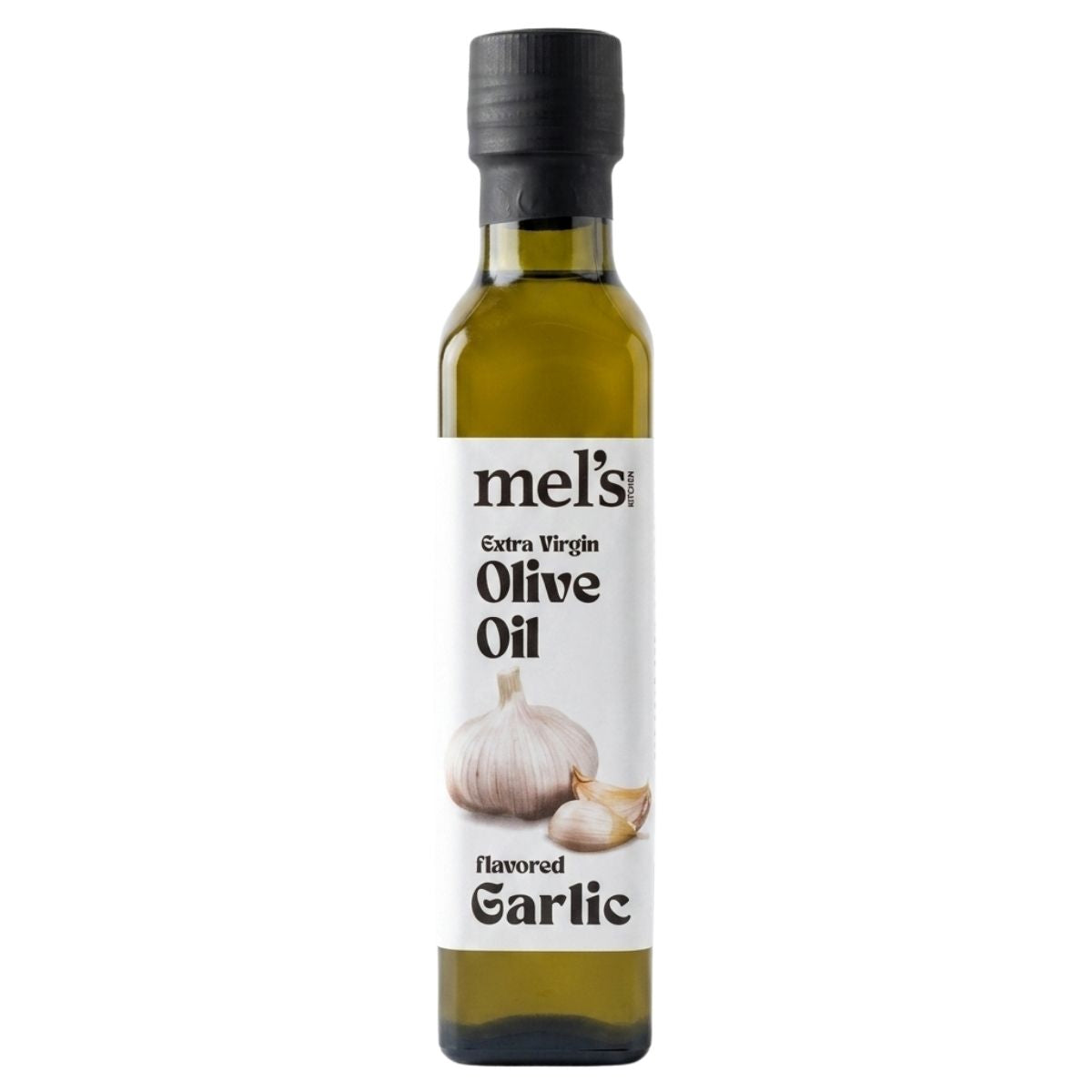 Mel's Kitchen Garlic Flavoured Extra Virgin Olive Oil (250ml) features a label with garlic bulbs, highlighting its rich garlic-infused taste.