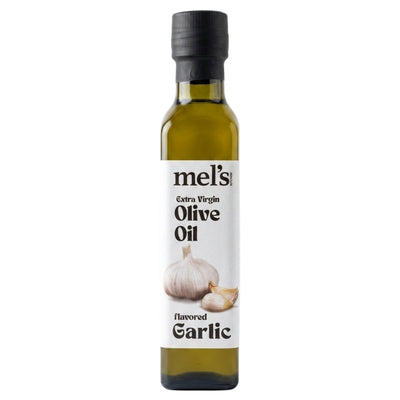 Mel's Kitchen Garlic Flavoured Extra Virgin Olive Oil (250ml) features a label with garlic bulbs, highlighting its rich garlic-infused taste.