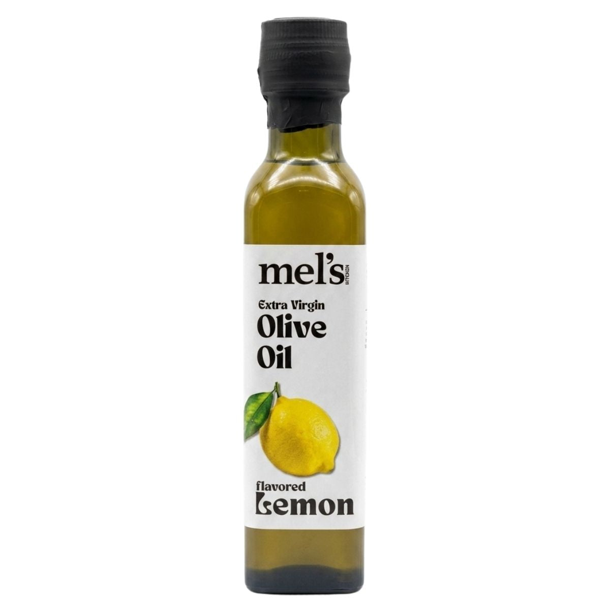 A 250ml bottle of Mel's Kitchen Lemon Flavoured Extra Virgin Olive Oil featuring a lemon illustration on the label.