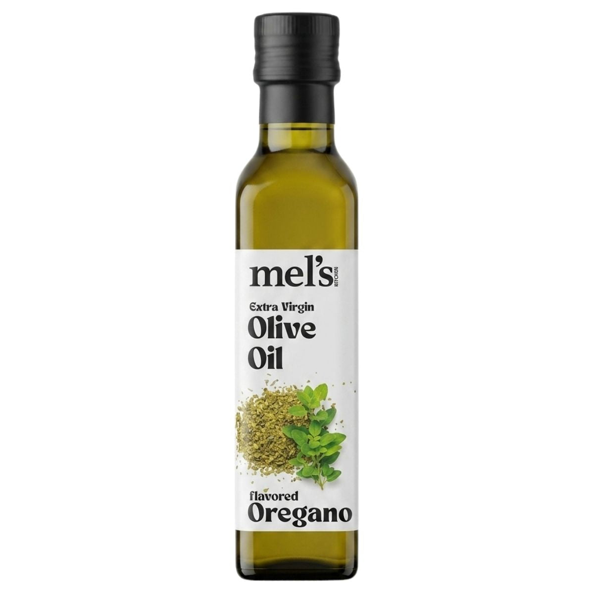 A 250ml bottle of Mel’s Kitchen Oregano Flavoured Extra Virgin Olive Oil, featuring oregano leaves and dried oregano on the label.