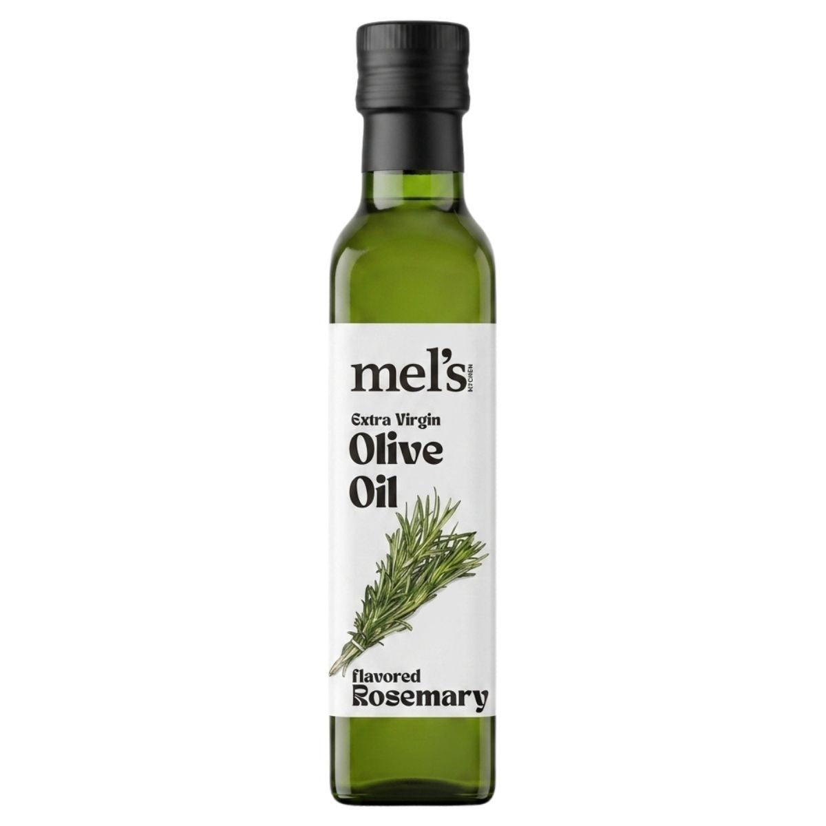 A green bottle labeled "Mel's - Rosemary Flavoured Extra Virgin Olive Oil - 250ml" from Mel's Kitchen, featuring an illustration of rosemary on the front.