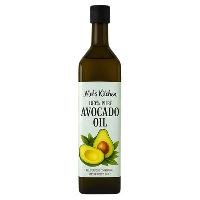 A 500ml bottle of Mel's Kitchen 100% Pure Avocado Oil features avocados on the label and promotes its high smoke point, perfect for versatile cooking.