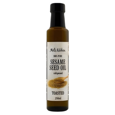 Mel's Kitchen - Toasted Sesame Seed Oil - 250ml: This 100% pure cold-pressed oil comes in a 250ml bottle with a black cap and a label featuring sesame seeds and a wooden spoon—ideal for Asian-inspired dishes.