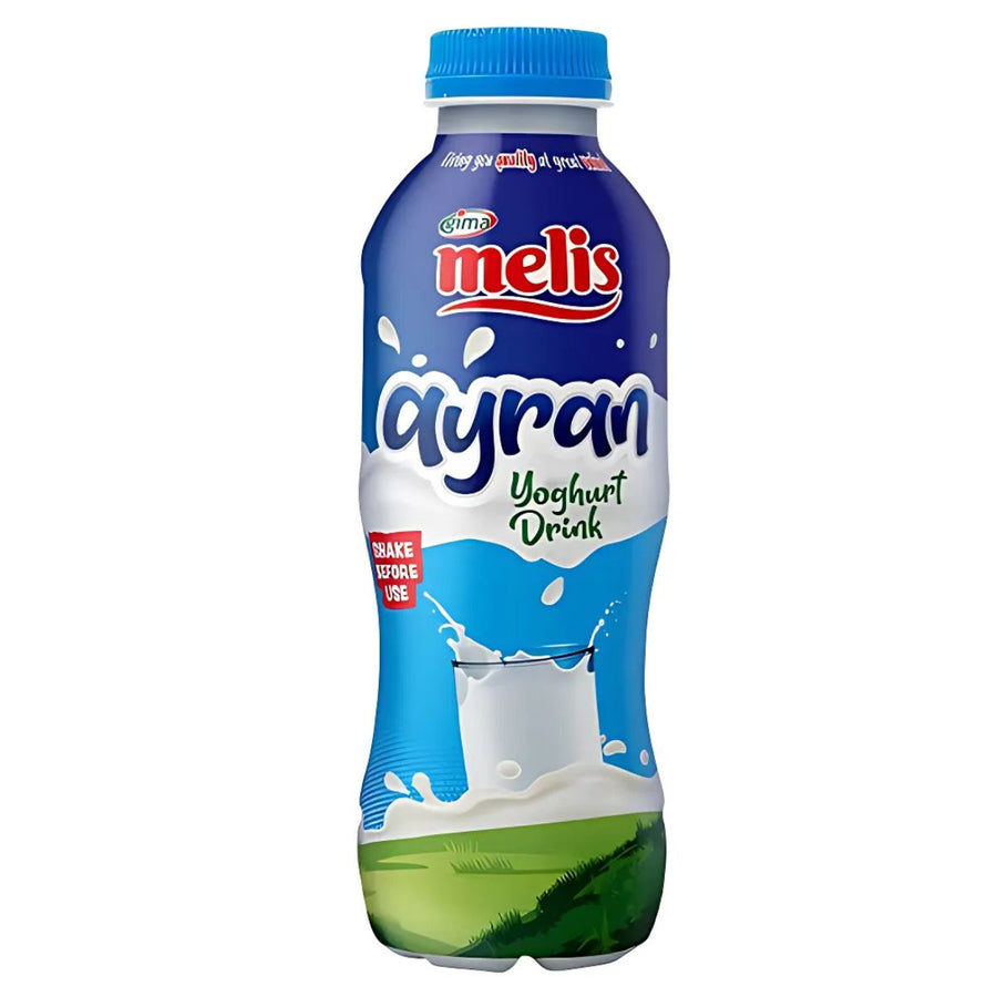 A 250ml bottle of Melis Ayran Yogurt Drink features a blue and white label with yogurt splash and green field artwork, emphasizing this traditional, refreshing probiotic beverage.