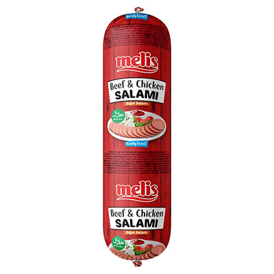 A red pack of Melis - Beef & Chicken Salami (Halal) 500g shows sliced salami images and clear Halal and ready-to-eat labels.