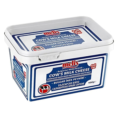 The 400g Melis Bulgarian Cow Cheese comes in a rectangular plastic tub with a blue, white, and red design and is labeled "Full Fat" for authenticity.