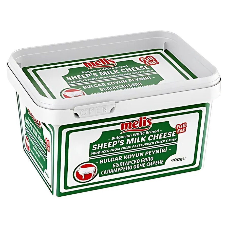 Melis - Bulgarian Sheep Cheese - 400g comes in a rectangular plastic container with green and white labeling, made from sheep's milk, and features a resealable lid.