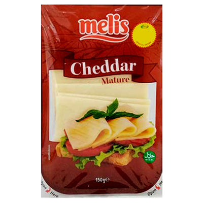A 150g pack of Melis Mature Cheddar Cheese Slices from Melis, featuring premium cheddar and a front image showing cheddar, lettuce, and tomato.