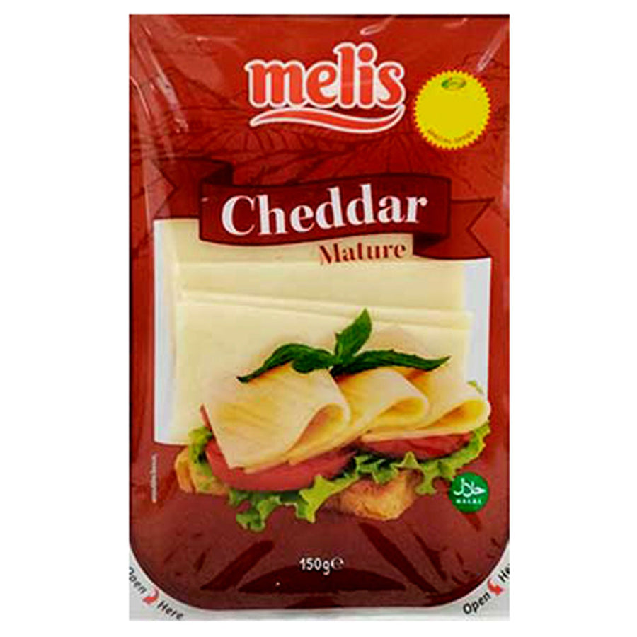 A 150g pack of Melis Mature Cheddar Cheese Slices from Melis, featuring premium cheddar and a front image showing cheddar, lettuce, and tomato.