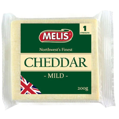 Melis - Cheddar Mild - 200g: A mild cheddar cheese block from Melis, in clear packaging with a green label and a British flag design.