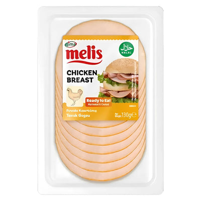 A 130g plastic pack of Melis - Chicken Breast (Halal), ethically sourced, sliced, and ready to eat.