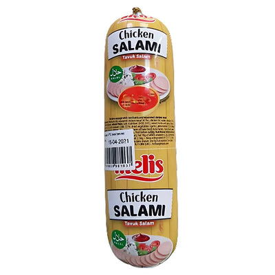 A 500g packaged roll of Melis - Chicken Salami (Halal), labeled accordingly and featuring images of sliced salami and tomatoes on the wrapper.