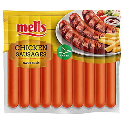 Melis - Chicken Sausages (Halal) - 500g, made from mechanically separated chicken meat, with a halal label and an image of cooked sausages and fries in the top right.
