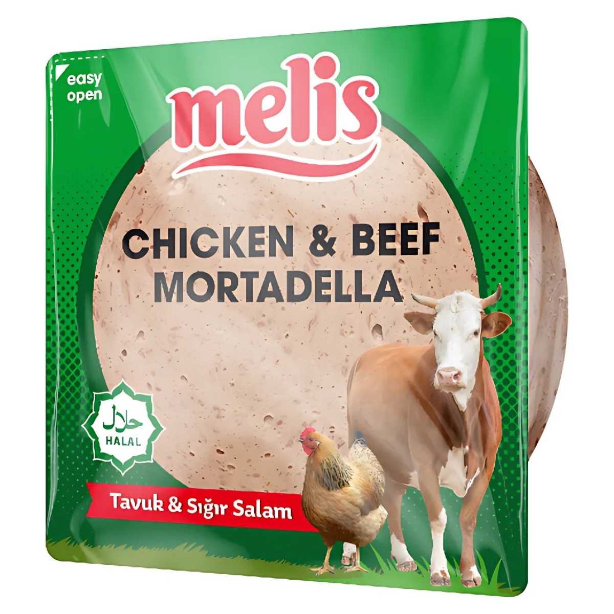 The Melis - Chicken & Beef Mortadella (Halal) - 200g packaging showcases a cow and chicken, plus a Halal logo. This tasty Chicken Luncheon Meat is a great protein source for quality and taste lovers.