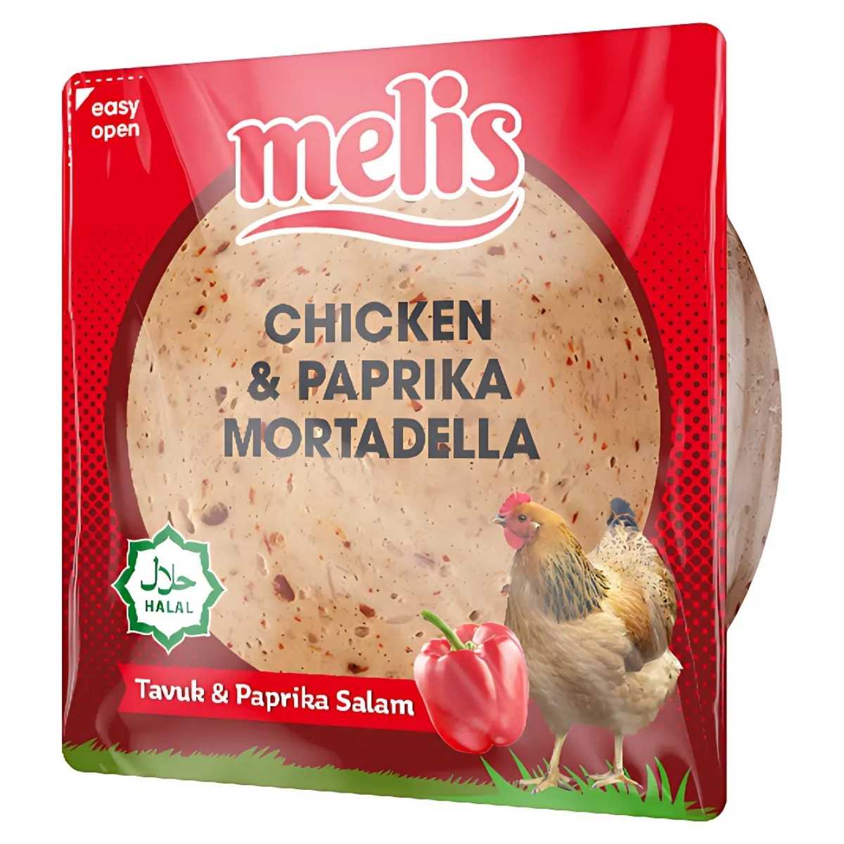 Melis - Chicken & Paprika Mortadella (Halal) - 200g is protein-rich, featuring packaging with chicken and red pepper images, highlighting its tasty blend.