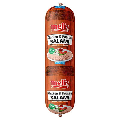 A cylindrical 500g Melis - Chicken & Paprika Salami (Halal) package features sliced halal chicken salami with herbs, labeled "Ready to eat" and "Halal.