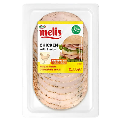A 130g pack of Melis Chicken with Herb Slices (Halal), labeled "ready to eat," displays overlapping slices for a convenient meal.