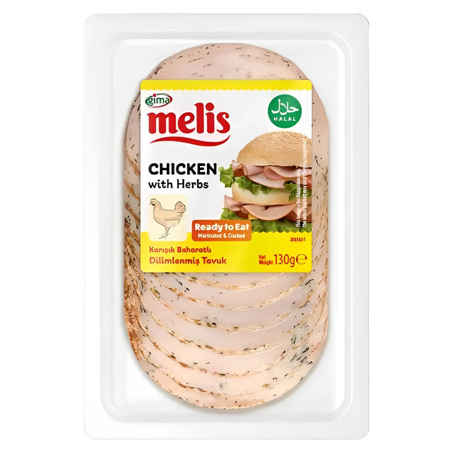 A 130g pack of Melis Chicken with Herb Slices (Halal), labeled "ready to eat," displays overlapping slices for a convenient meal.