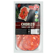 A 100g vacuum-sealed pack of Melis Chorizo Turkey & Beef (Halal), with several spiced sausage slices visible through the packaging.