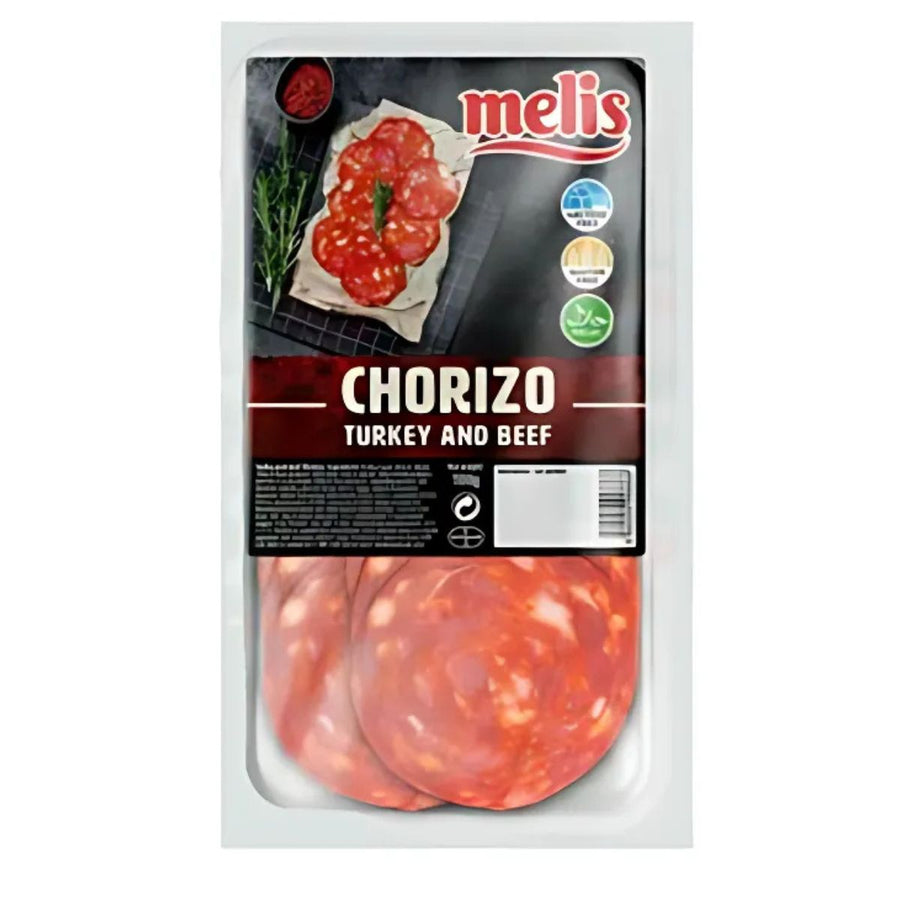 A 100g vacuum-sealed pack of Melis Chorizo Turkey & Beef (Halal), with several spiced sausage slices visible through the packaging.