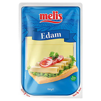 Melis - Edam Slices 150g: Mild Edam cheese slices, ideal for sandwiches or snacks. Features sandwich and cheese slice images on a blue background.