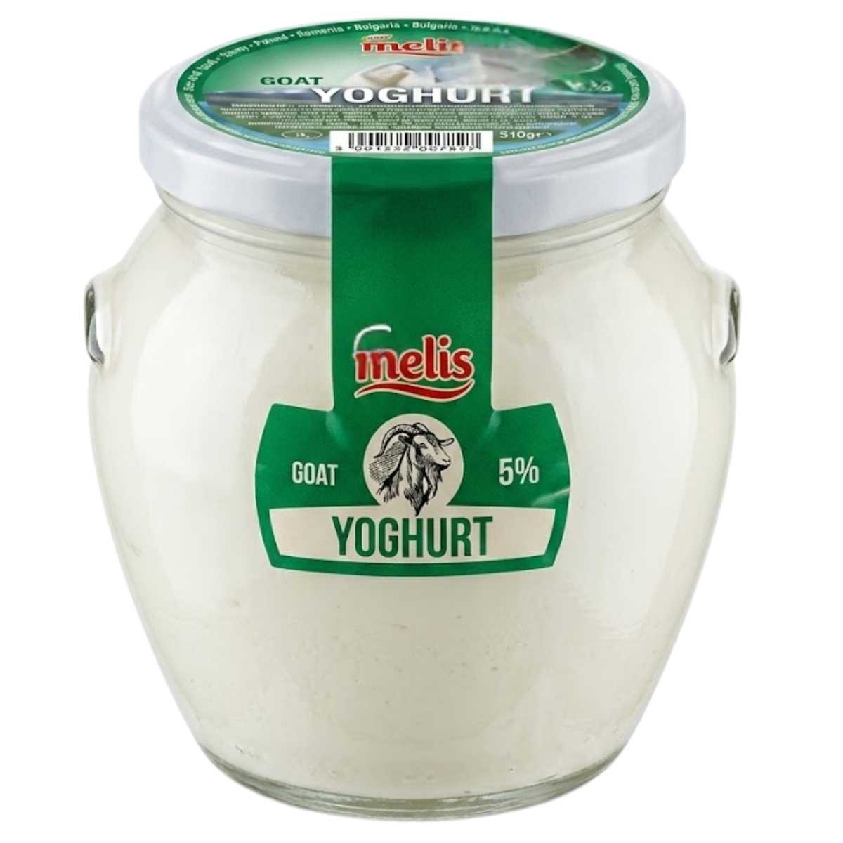 Jar of melis goat yoghurt with green label on a white background