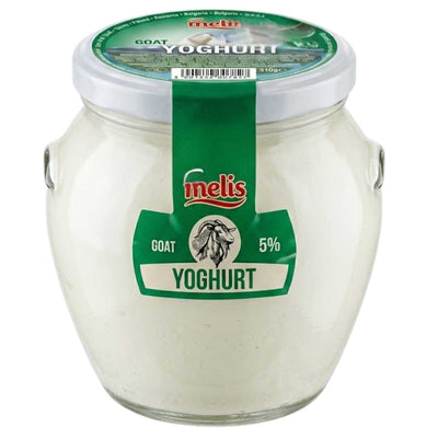 Jar of melis goat yoghurt with green label on a white background