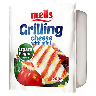 Melis - Grilling Cheese With Mint 200g is a tasty vegetarian cheese labeled "Izgara Peynir," featuring grilled cheese slices and tomatoes on the front of the package.