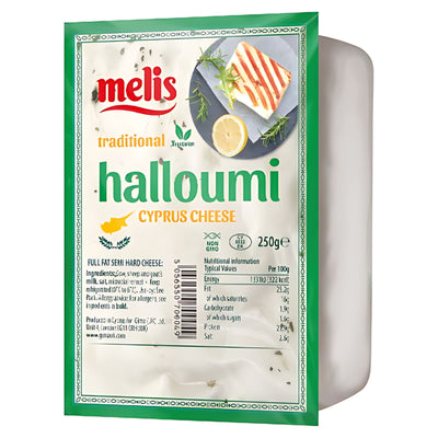 A 250g pack of Melis - Halloumi Cyprus Cheese features clear nutritional info and serving suggestions on the label.