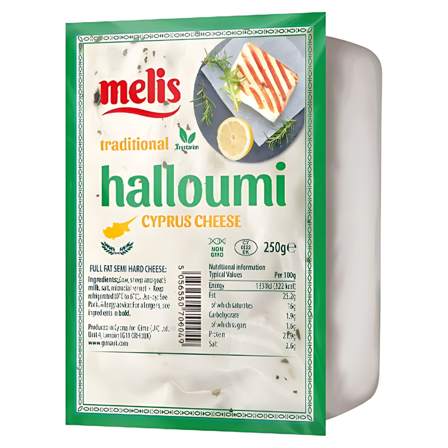 A 250g pack of Melis - Halloumi Cyprus Cheese features clear nutritional info and serving suggestions on the label.